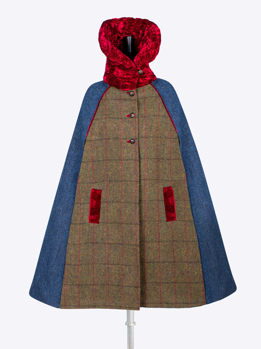 Sustainable luxury - Edwardian style British tweed cape with velvet collar