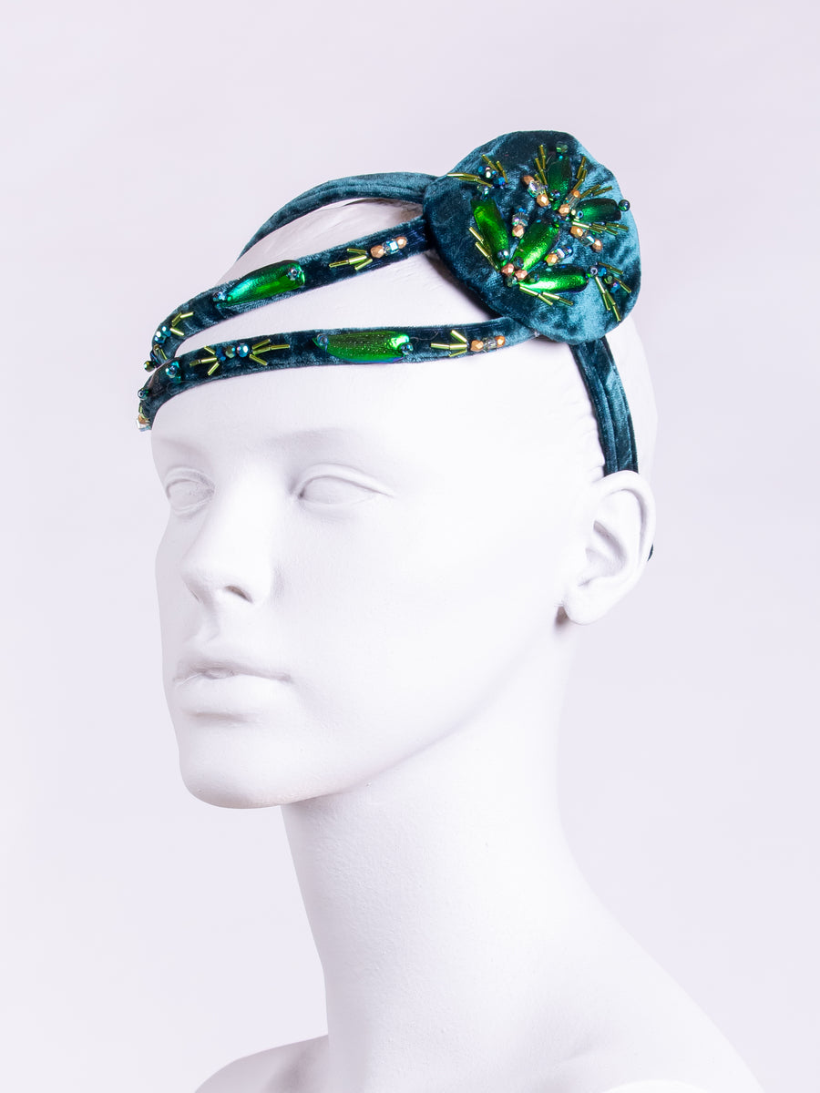 couture millinery - blue velvet hat - beaded headpiece