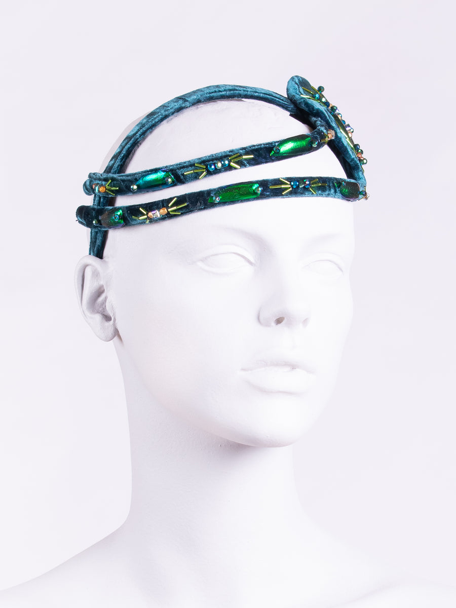 velvet hair accessory - beaded headpiece - blue velvet headband