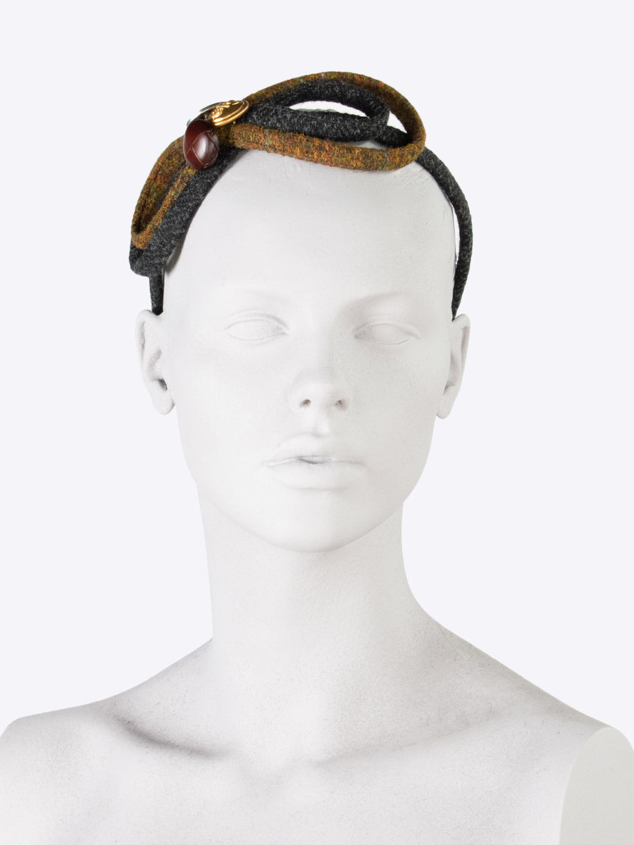Figure of 8 headband - charcoal and rust - tweed headband with leather buttons