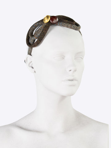 Figure of 8 headband - brown and gray - tweed headband with leather and brass buttons