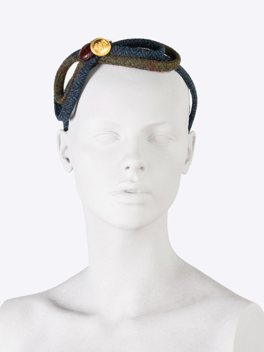 Figure of 8 headband - blue and green wool - leather and brass buttons