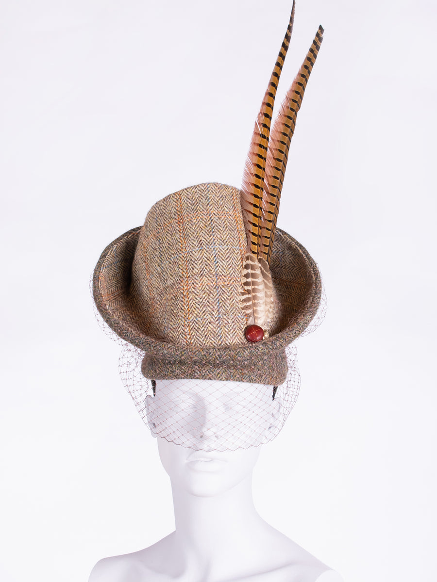 made in England country style Harris Tweed hat with long feathers and veil