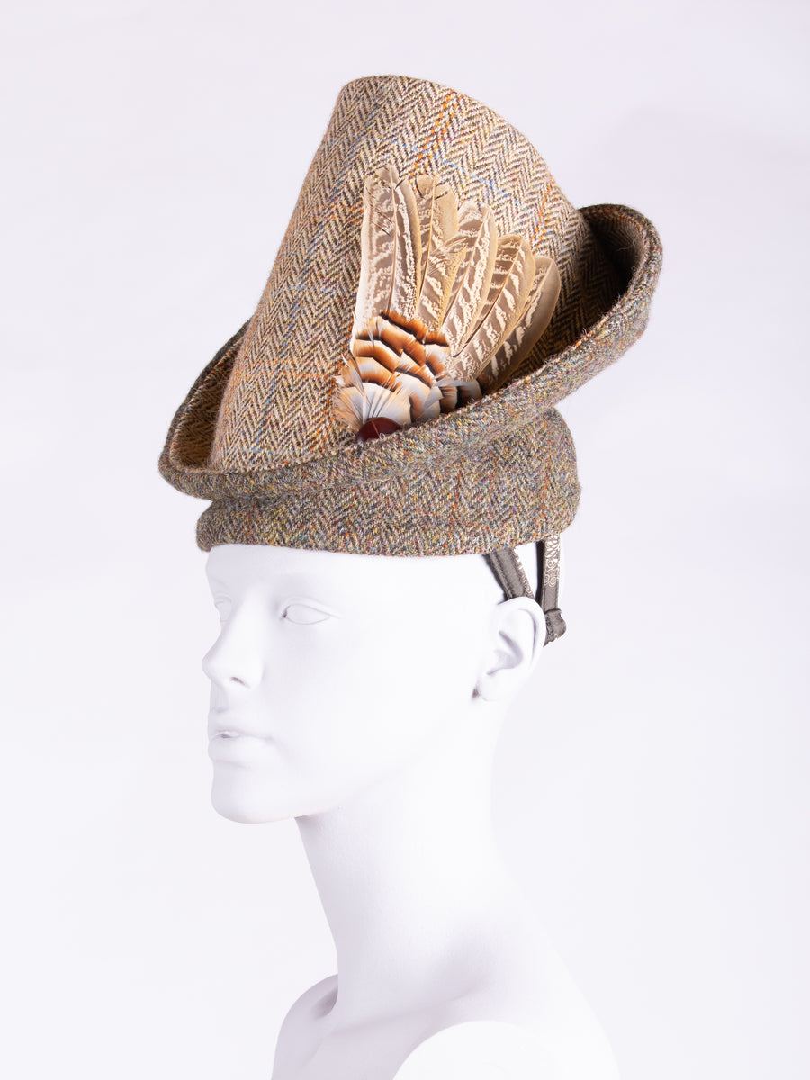 made in England country style Harris Tweed hat with feathers and leather buttons