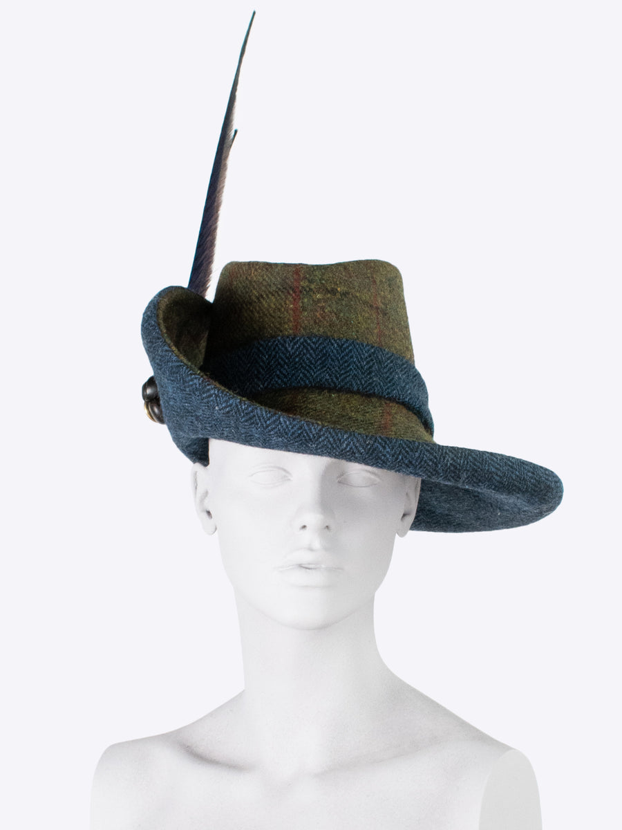 practical hat - navy blue and green tweed - hat with feathers - heritage fashion