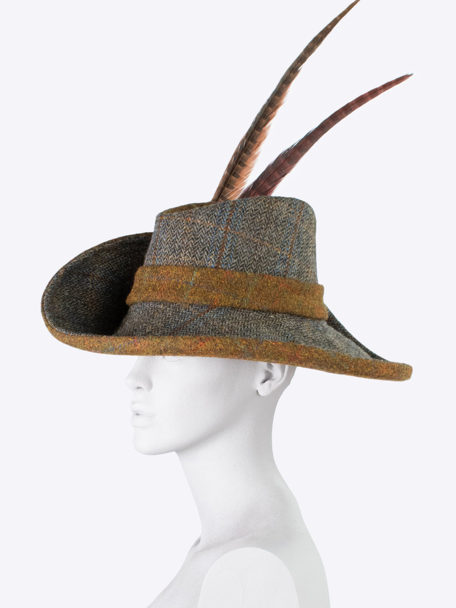 Harris tweed hat with feathers - grey and brown hat - country style hat