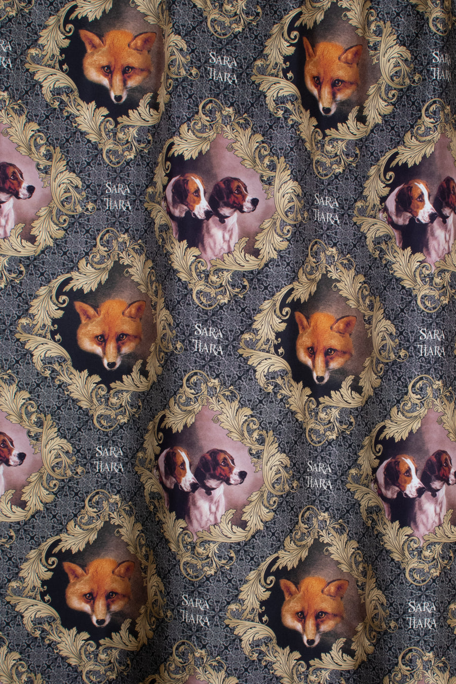 Fox and hounds print silk lining for Rust and Sage Harris Tweed Nehru long cape
