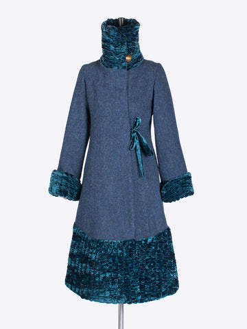 tweed outerwear - 20s style navy blue Harris Tweed coat with a velvet collar