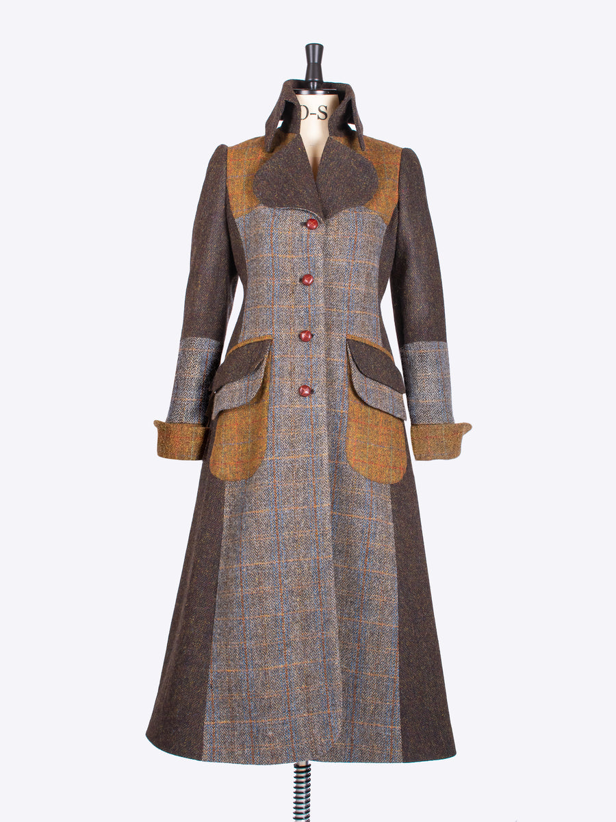 independent fashion label - unique sage chocolate and rust vintage style long patchwork coat