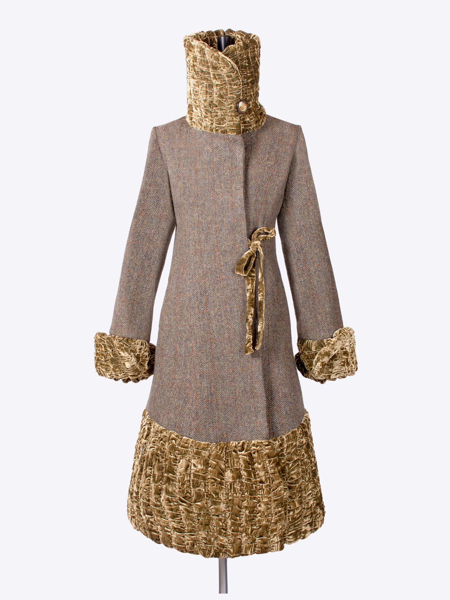 independent fashion label - luxury 20s style moos green Harris Tweed coat made in England