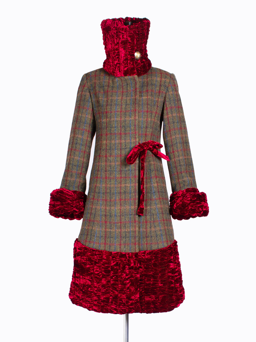 sustainable luxury - Green and red Harris Tweed and velvet 20s coat
