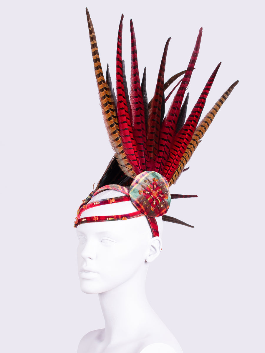 unique long red feather beaded headpiece - ascot headpiece 