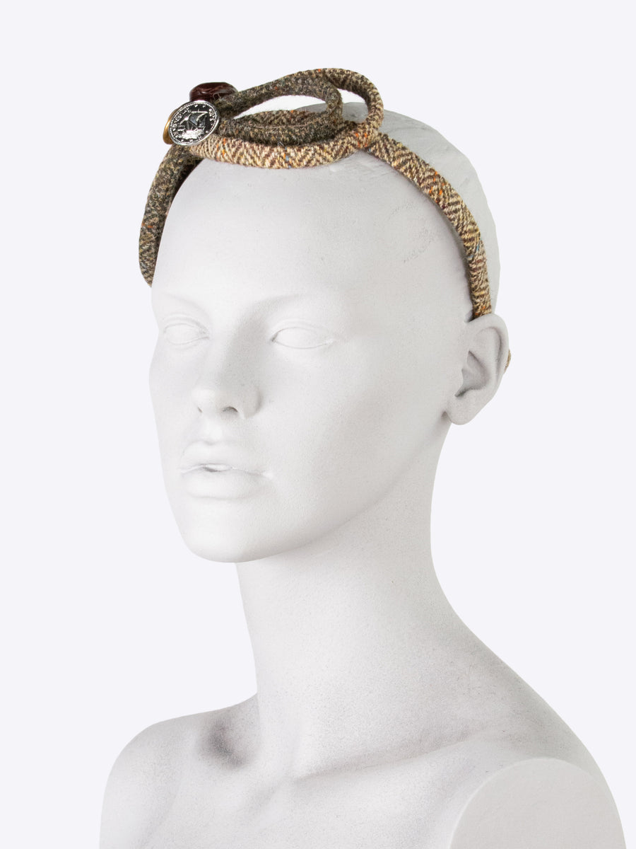 Figure of 8 headband - beige and green wool - tweed with a twist
