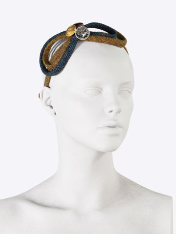 Figure of 8 headband - navy blue and rust - tweed headband with leather and brass buttons