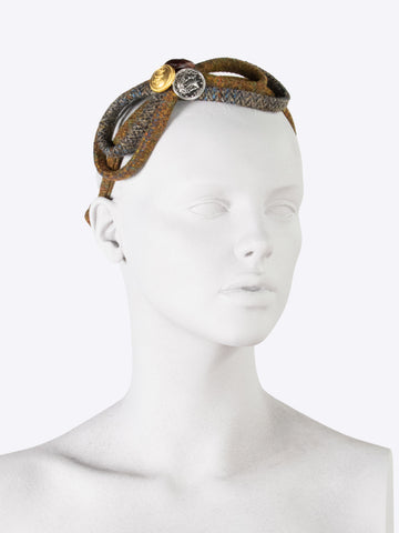 Harris Tweed Figure of 8 headband with leather and brass buttons - slow fashion accessory