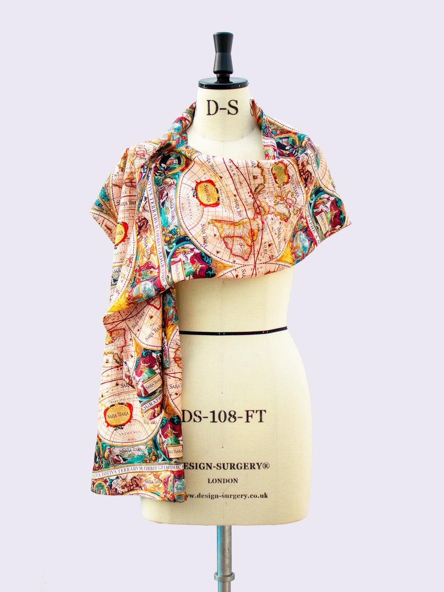 Sustainable luxury - Printed silk scarf - vintage map print