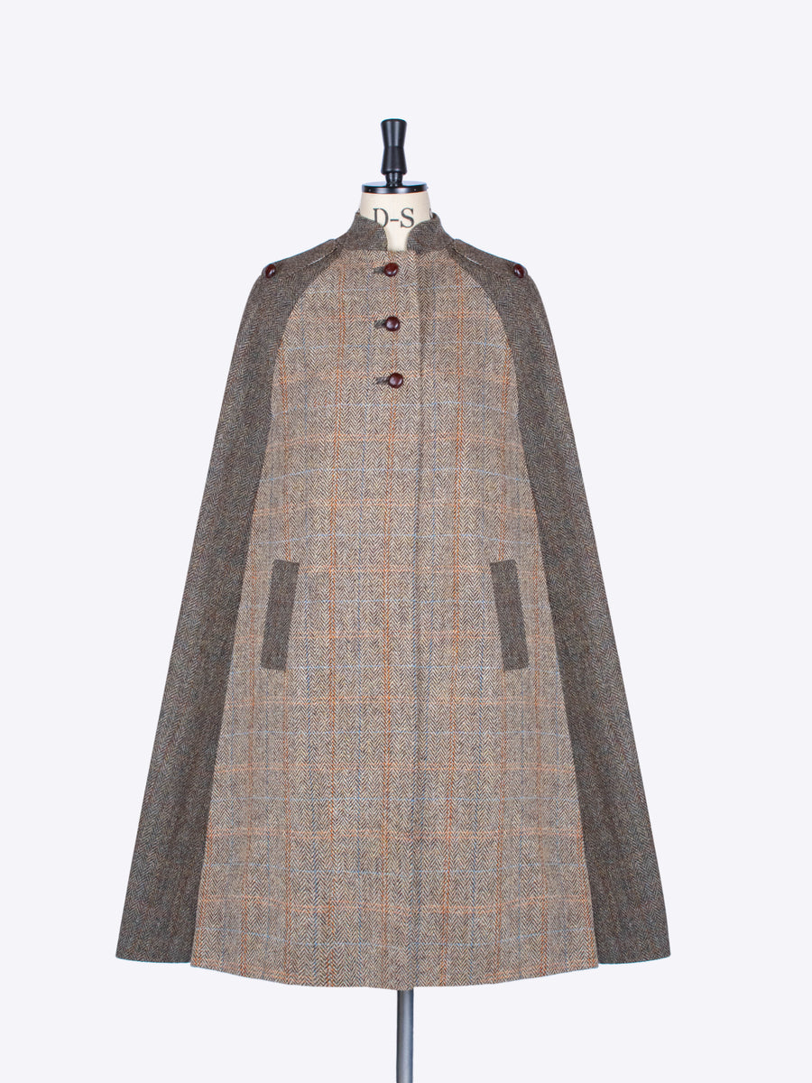 Beige and moss Harris Tweed Nehru long cape