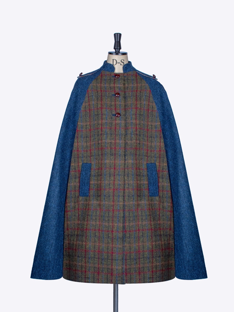 Green and navy blue Harris Tweed winter Nehru long cape