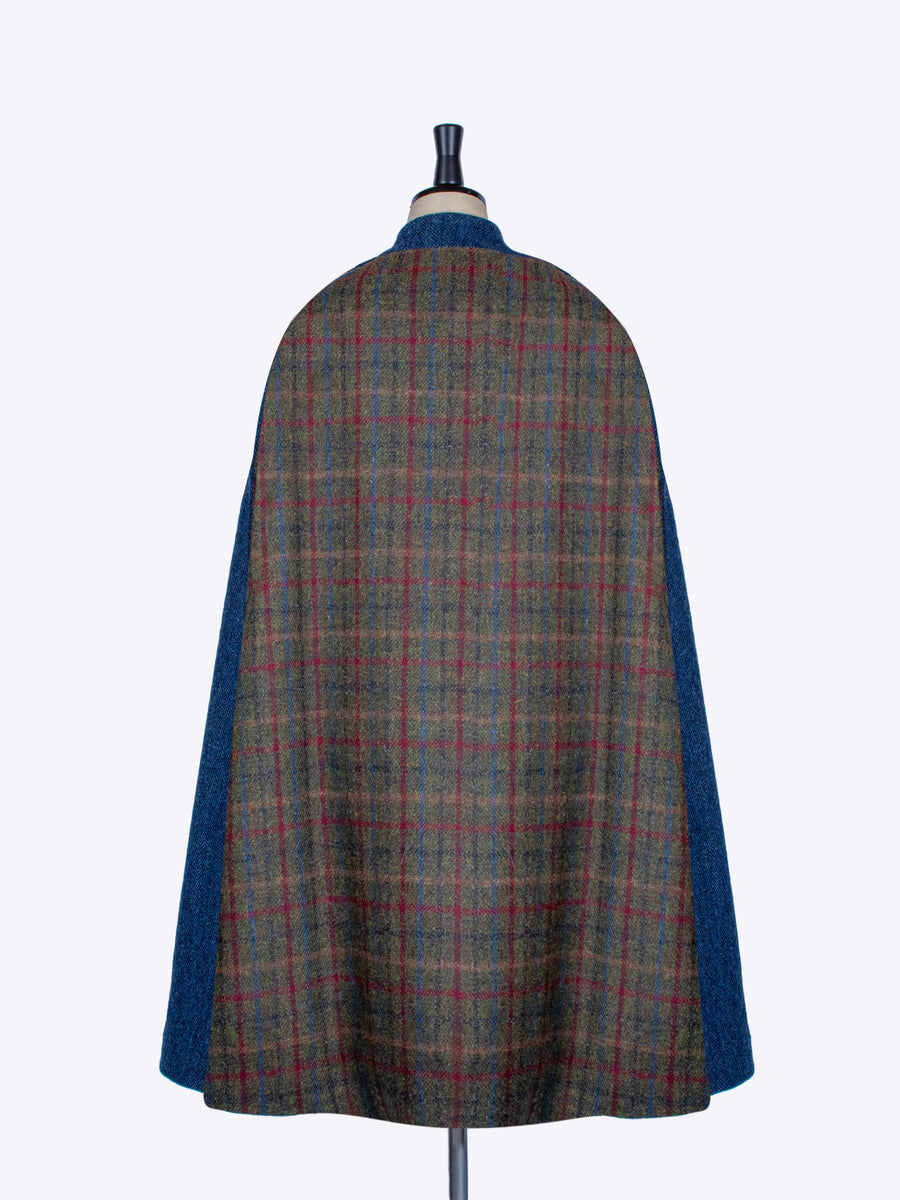 Green and navy blue Harris Tweed wool Nehru long cape