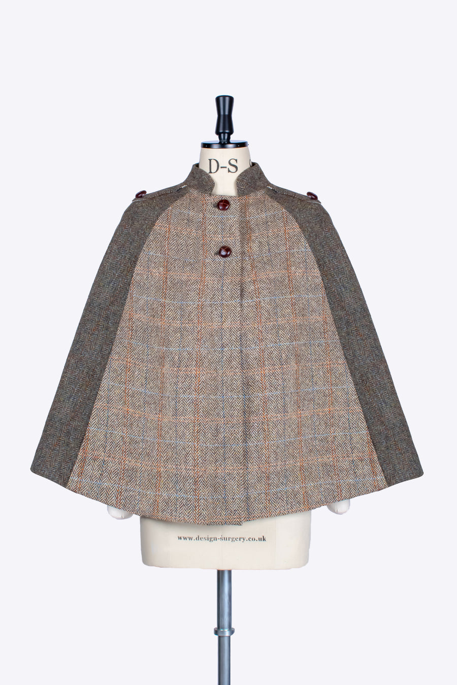 Beige and moss green Harris Tweed wool Nehru short cape