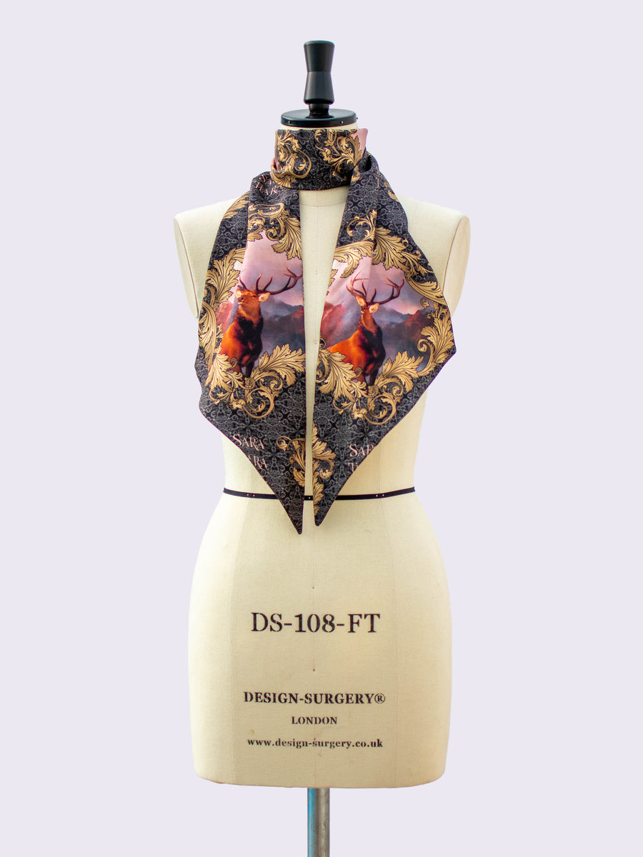 Silk Skinny Scarf. Stag Print