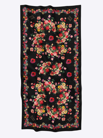 Super Soft Wool Shawl. Black Flower Print