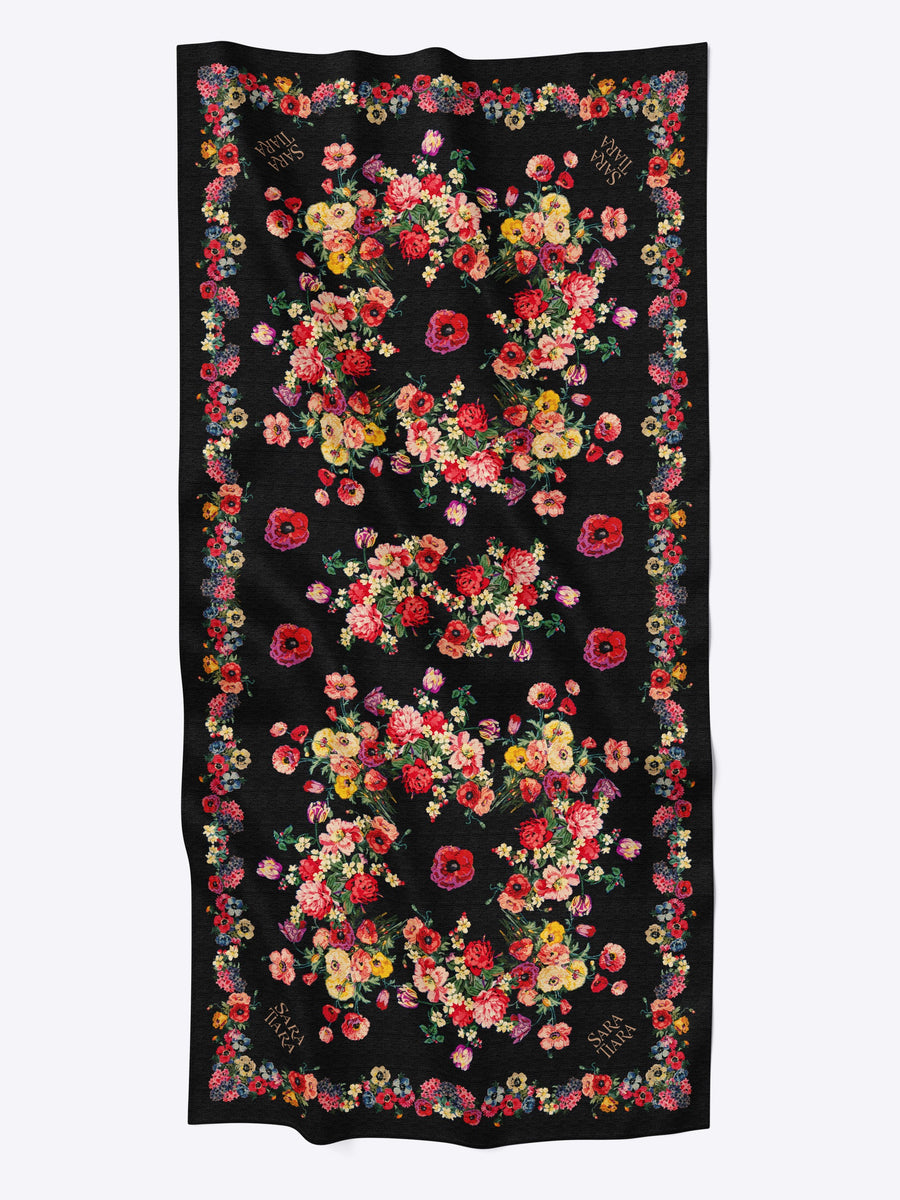 Super Soft Wool Shawl. Black Flower Print