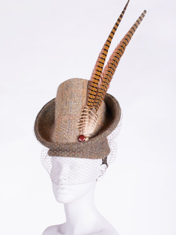 Sustainable luxury - Edwardian style British tweed hat with pheasant feathers and leather buttons