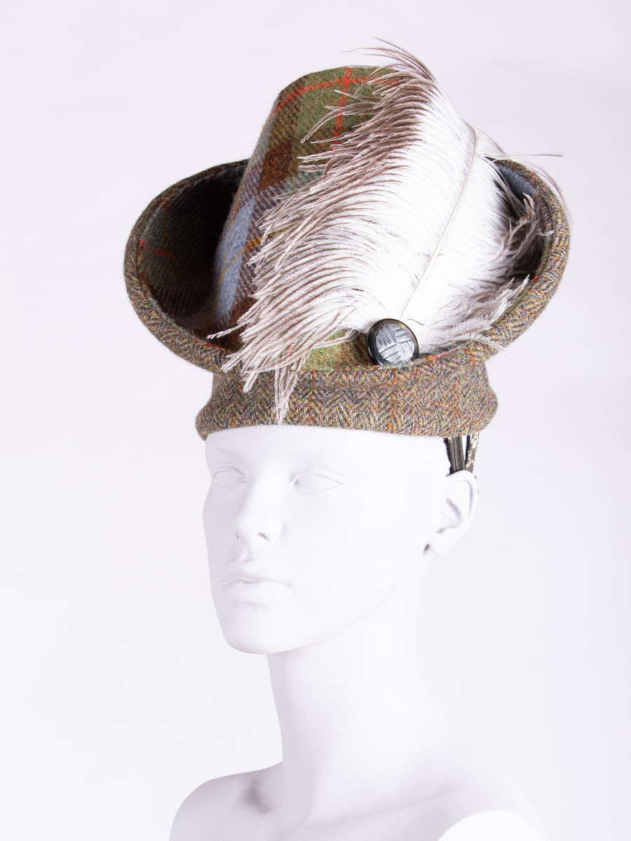 millinery couture - highland style Harris Tweed hat with ostrich feather