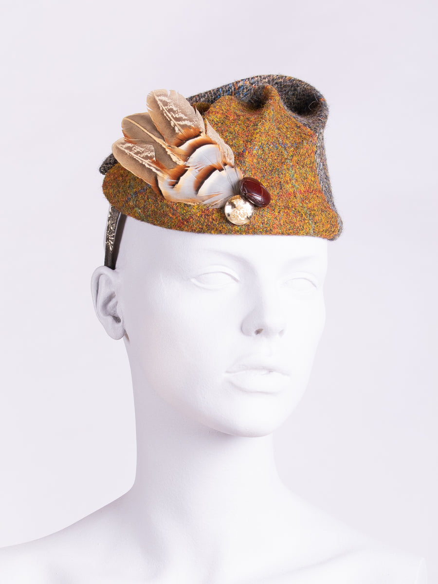 rust and sage Harris Tweed hat with feathers