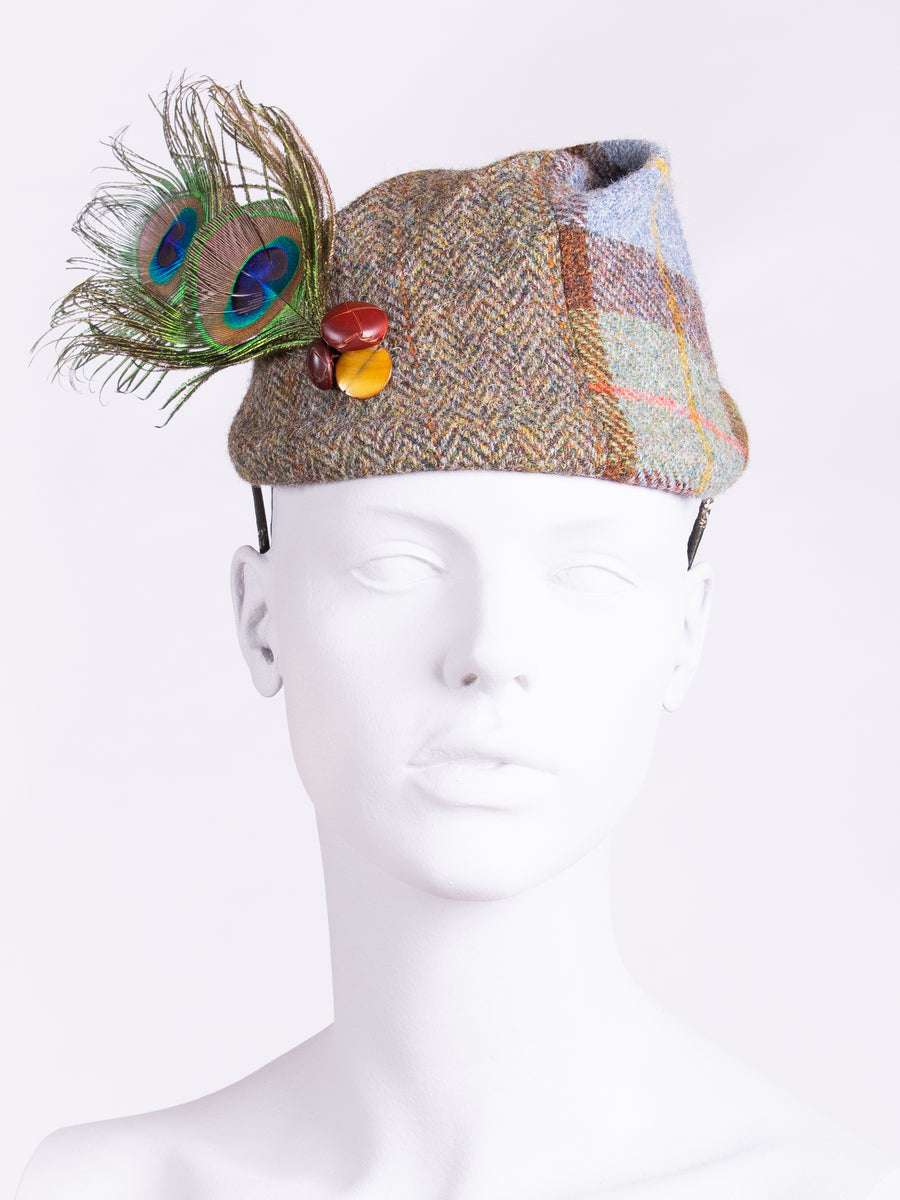 independent fashion label - British wool hat with peacock feathers and leather buttons