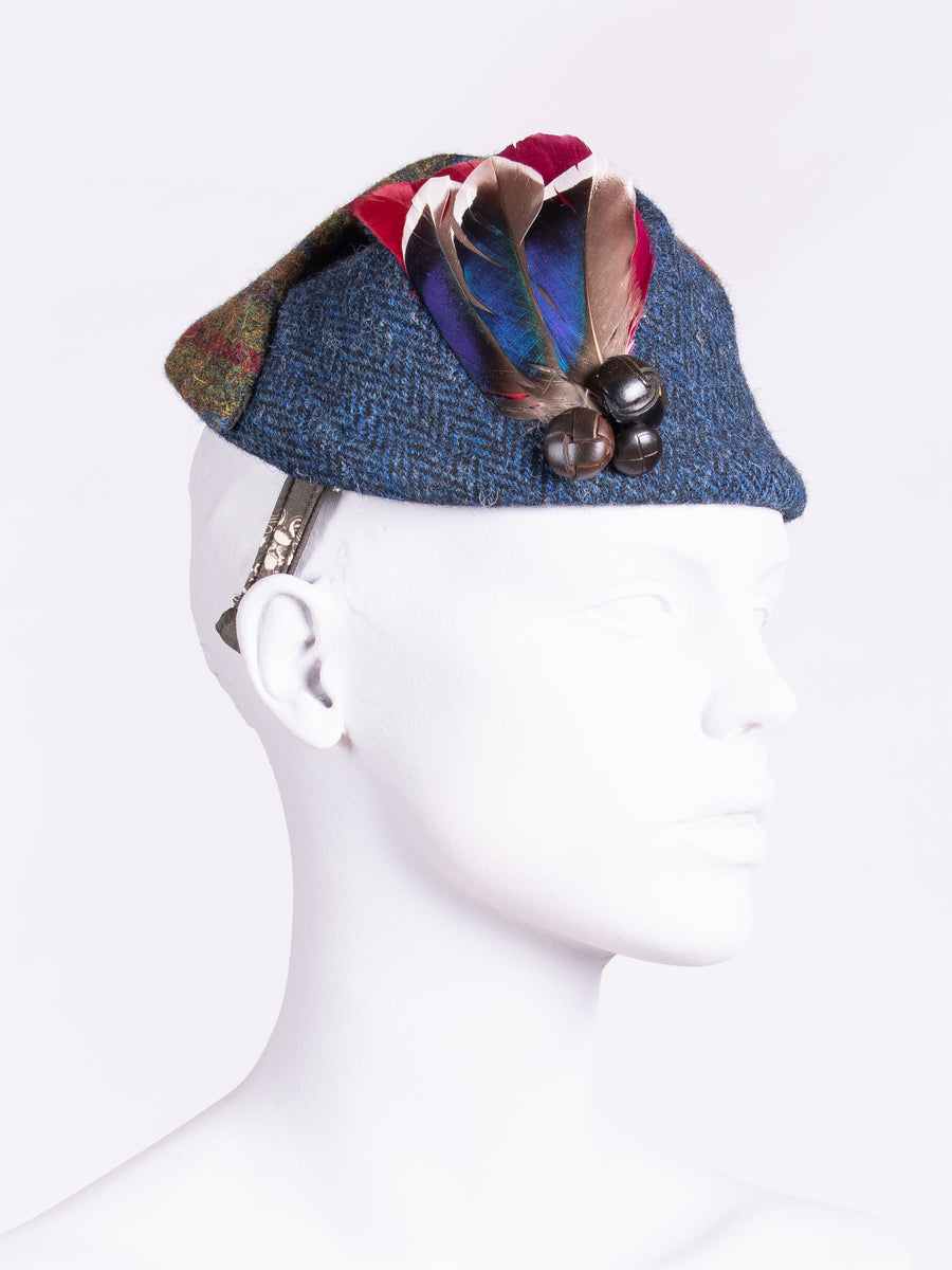 heritage Harris Tweed hat with feathers and leather buttons