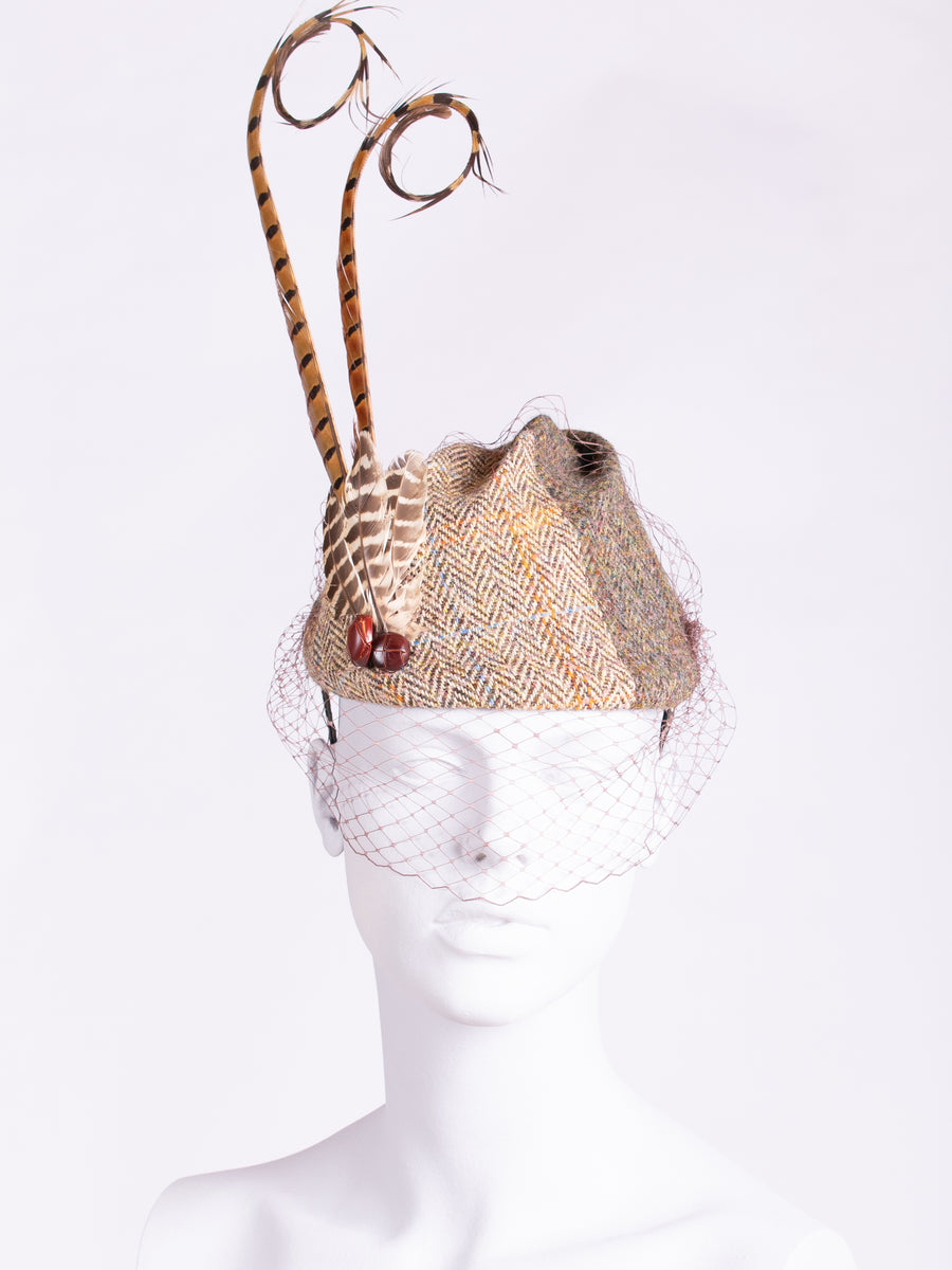 Country style Harris Tweed hat with feather and veil