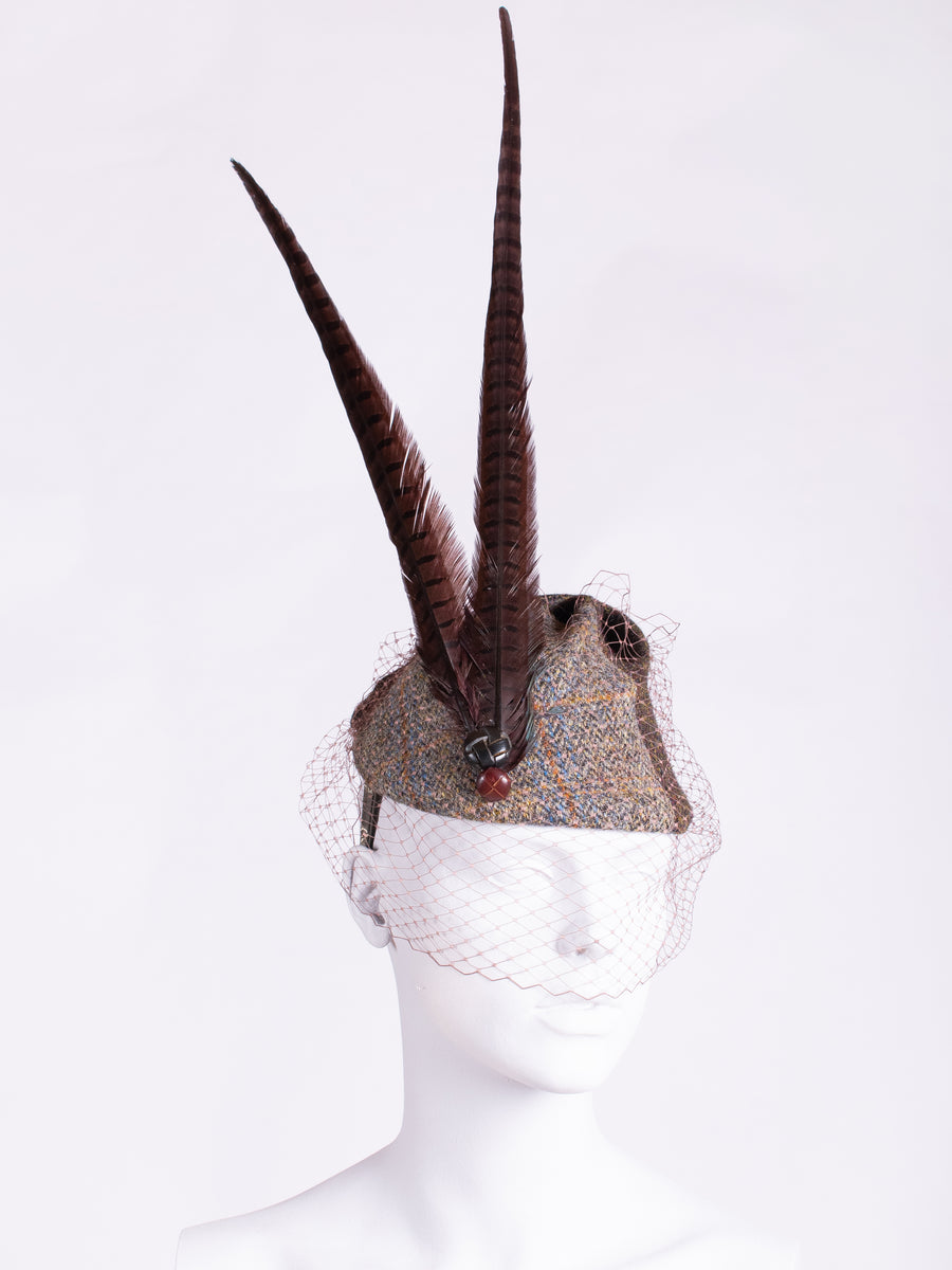 Sage and chocolate Harris Tweed hat with long pheasant feathers, leather buttons and veil