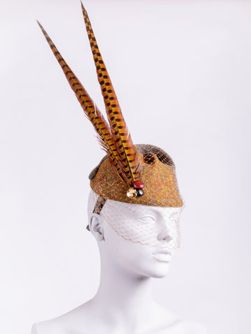 rust and sage Harris Tweed hat with long pheasant feathers, leather buttons and veil