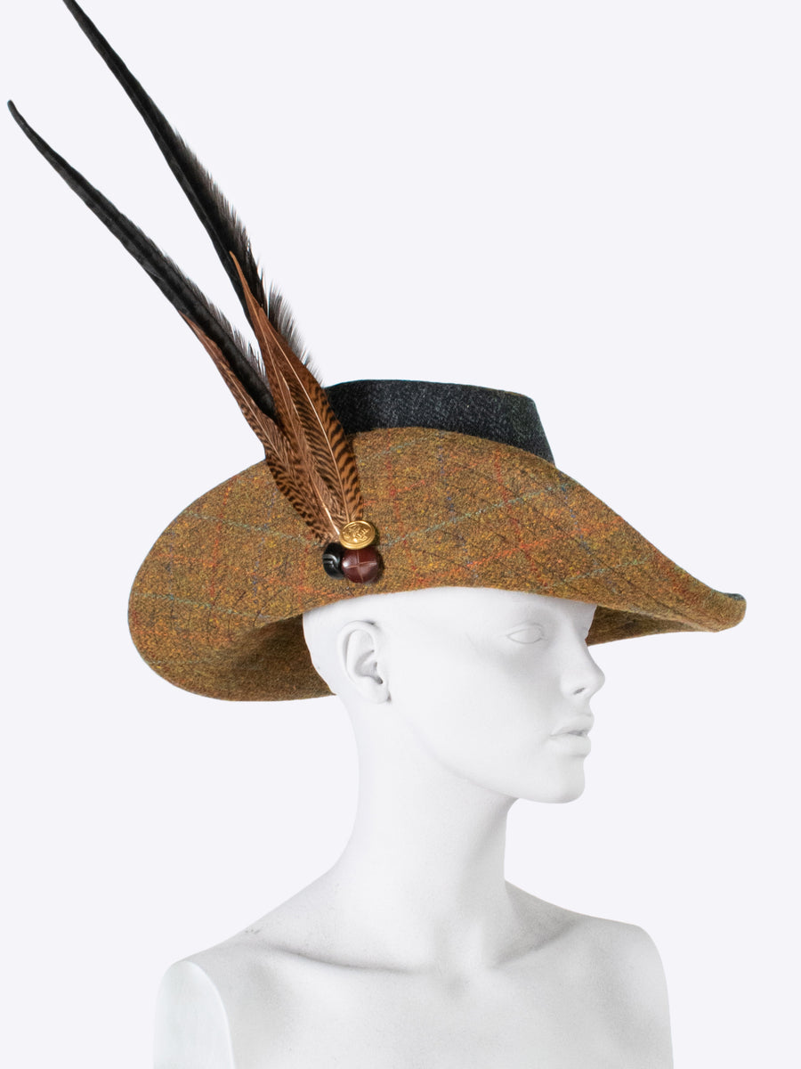 tweed hat with feathers - black and brown -  nikwax hat - heritage fashion