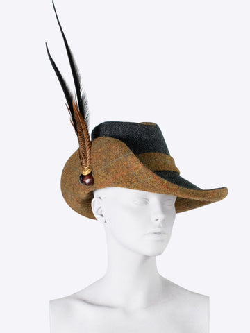 ﻿large brim hat - water resistant hat - black and brown - made in England