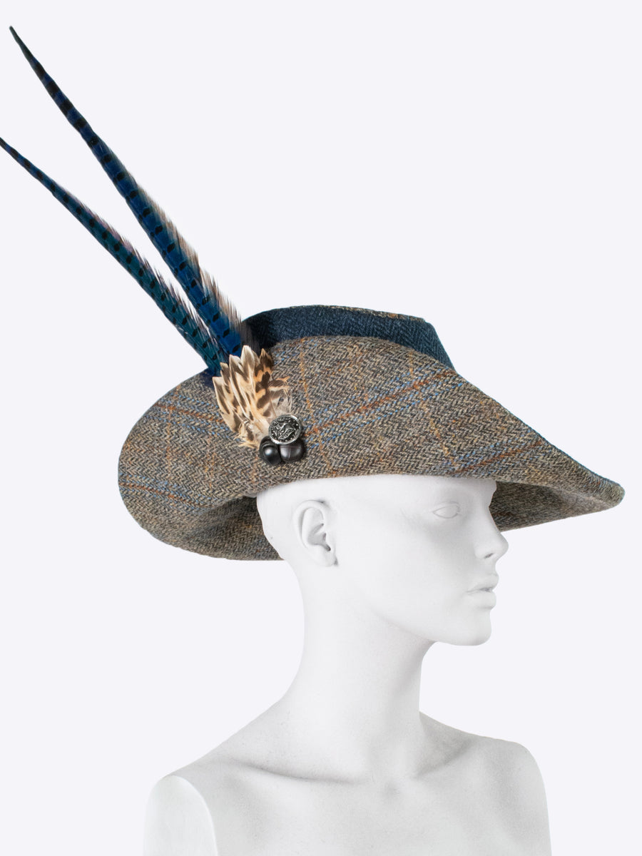 tweed hat with feathers - blue and grey - nikwax hat - heritage fashion