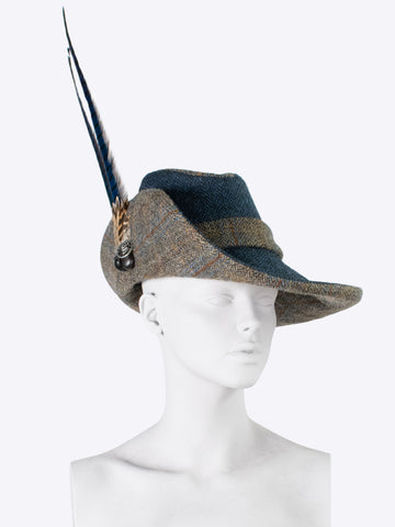 ﻿large brim hat - blue and grey tweed - water resistant hat - made in England