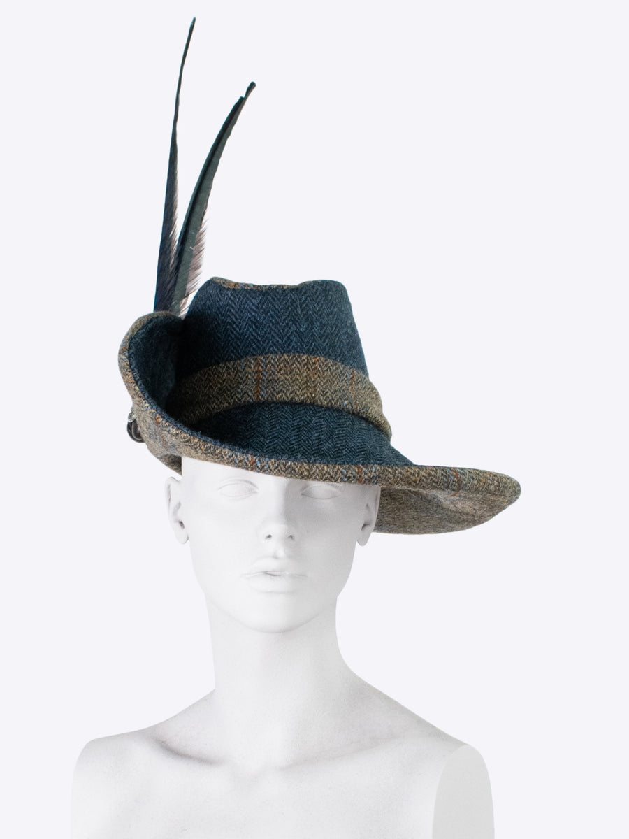 gambler hat - navy blue and sage tweed - showerproof hat - handmade hat
