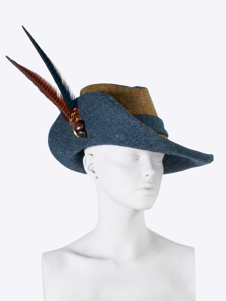 Cheltenham hat - rust and navy blue tweed - long feather hat - countryside style hat