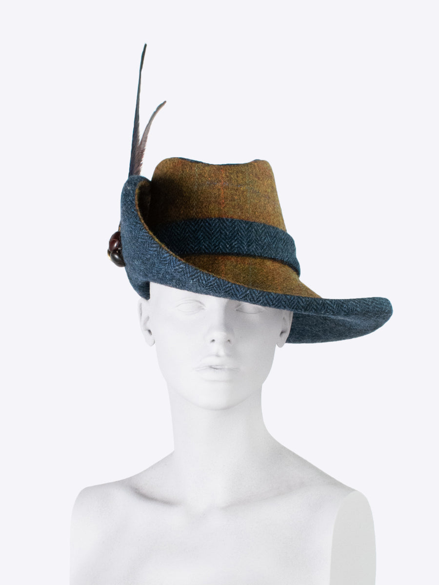 practical hat - brown and blue tweed - hat with feathers - heritage fashion