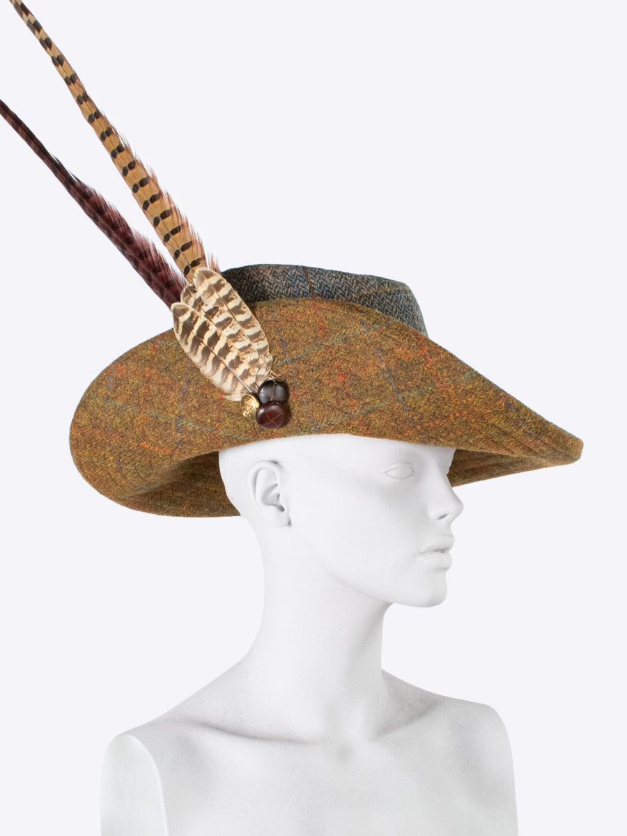 tweed hat with feathers - grey and brown wool hat - nikwax hat - heritage fashion