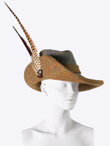 ﻿large brim hat - grey and brown tweed - water resistant hat - made in England