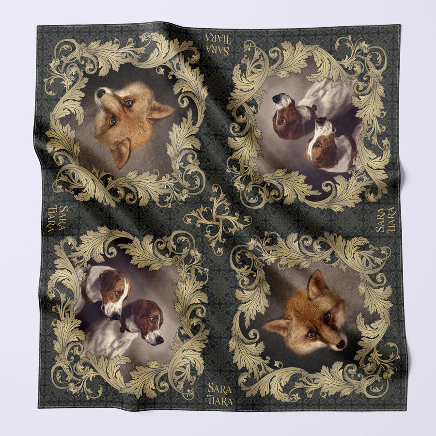 large silk scarf - fox and hounds print - silk scarf - printed scarf - heritage scarf