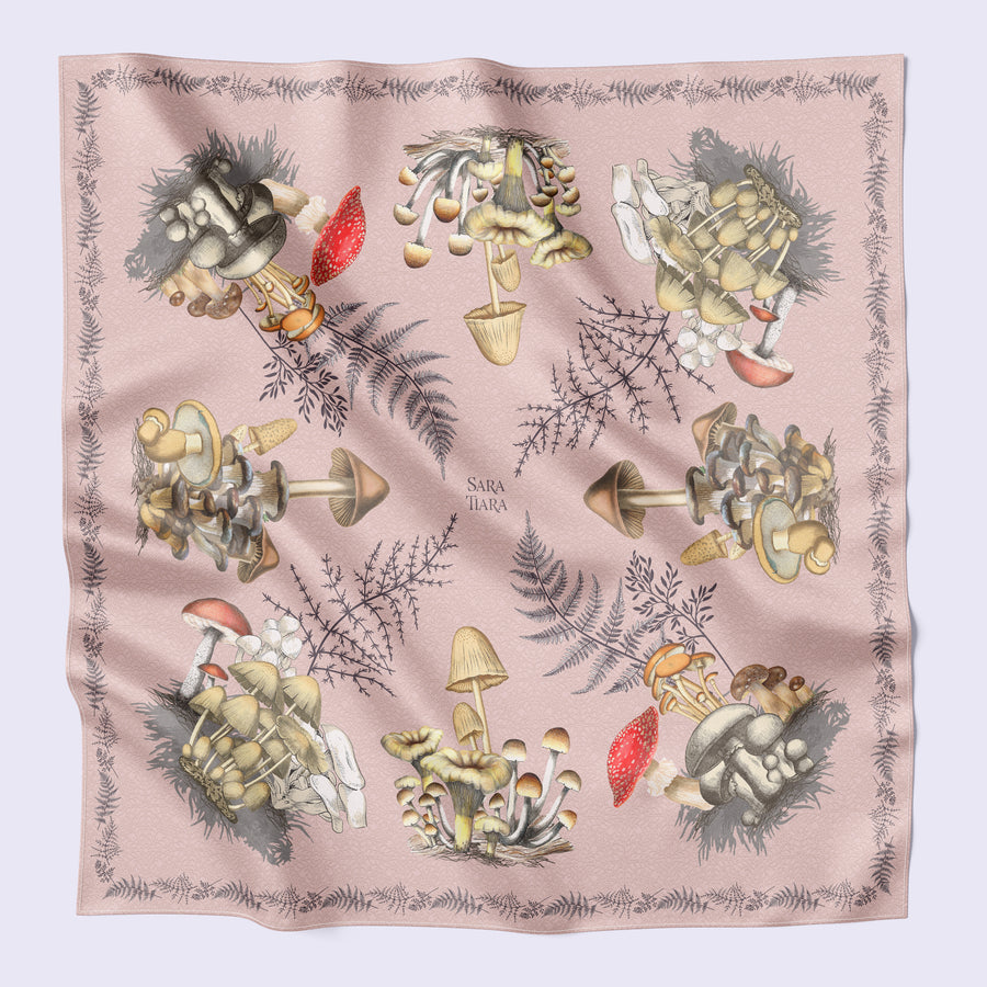 large silk scarf - mushroom print - country scarf - versatile scarf - English scarf