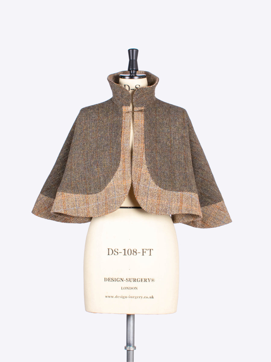 Moss green and beige short cape - handwoven tweed - british fashion label