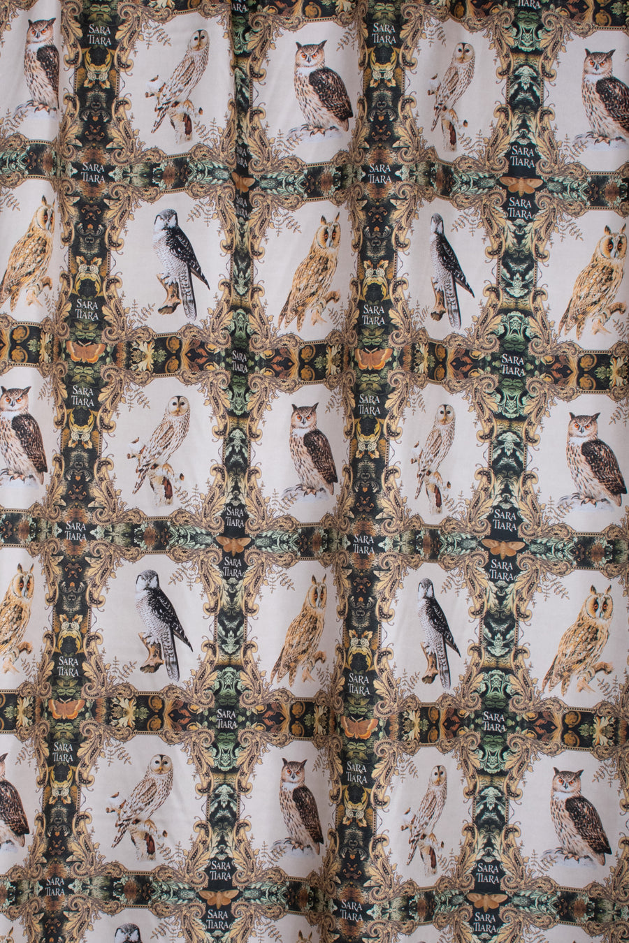 Owl print silk lining for Beige and moss green Harris Tweed heritage style short cape