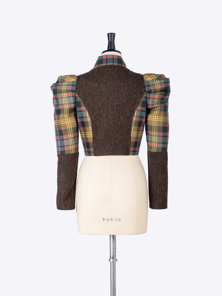 brown tartan and tweed puff sleeve bolero jacket - made in England