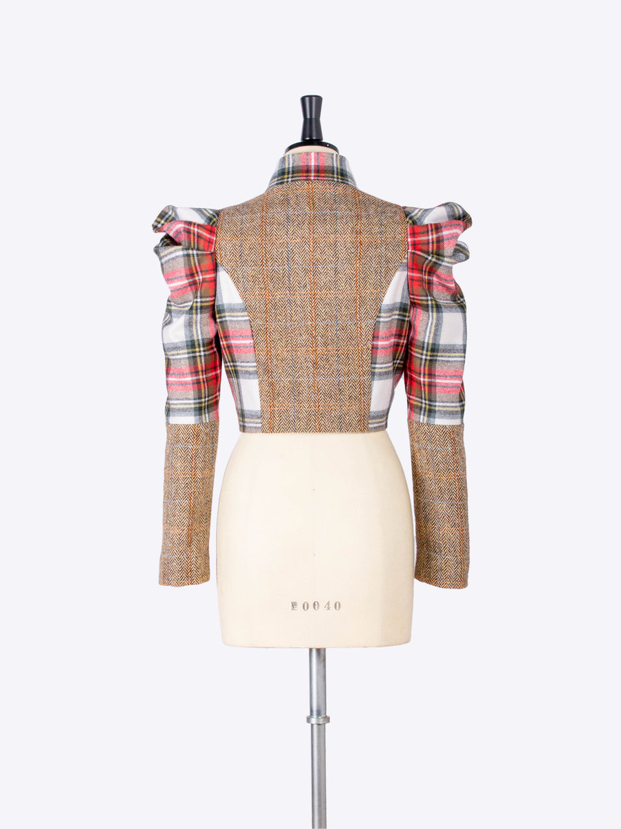 white scottish tartan and beige tweed puff sleeve bolero jacket - made in New Forest